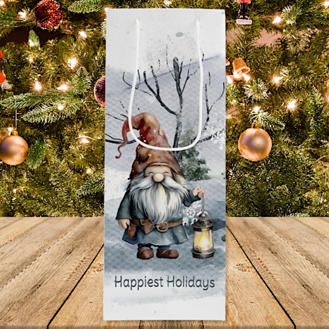 Watercolor Winter Christmas Gnome Wine Gift Bag (Watercolor Winter Christmas Gnome Wine Gift Bag)
