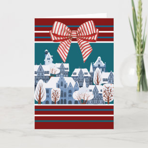 Watercolor Winter Christmas Snow Village with Bow Holiday Card