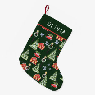 Watercolor Winter Christmas Tree Custom Name Small Christmas Stocking
