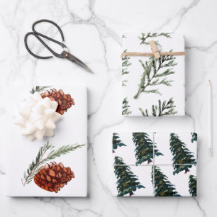 Watercolor Winter Christmas Tree Pine Branch Cones Wrapping Paper Sheet