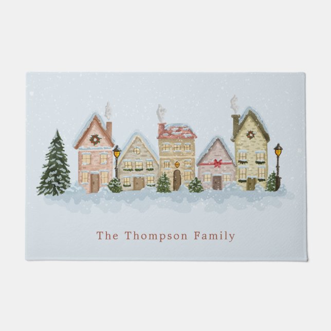 Watercolor Winter Christmas Village Family Name Doormat (Front)