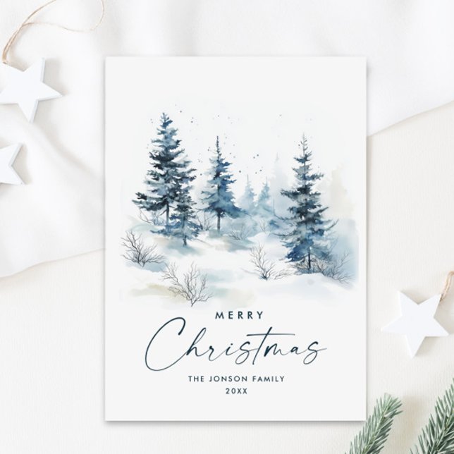Watercolor Winter Country Landscape Christmas Holiday Card (Creator Uploaded)