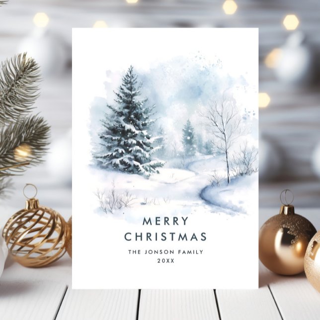 Watercolor Winter Country Landscape Christmas Holiday Card (Creator Uploaded)