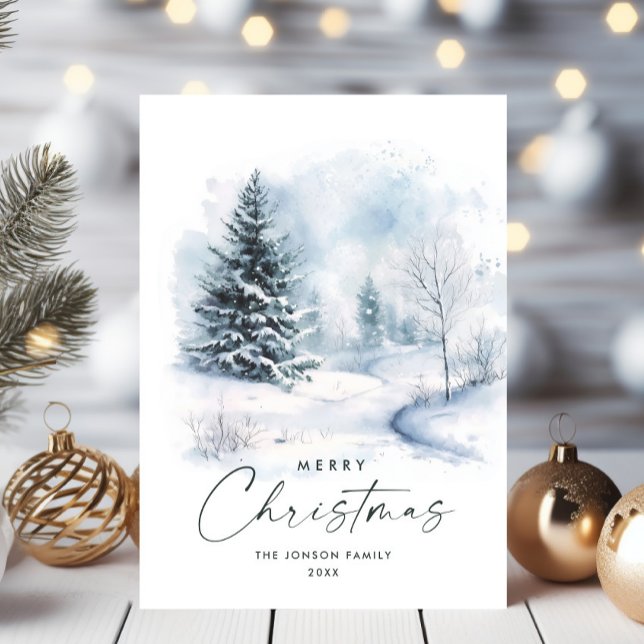 Watercolor Winter Country Landscape Christmas Holiday Card (Creator Uploaded)