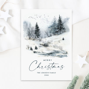 Watercolor Winter Country Landscape Christmas Holiday Card