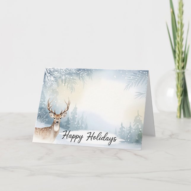 Watercolor Winter Deer Happy Holidays Card (Front)