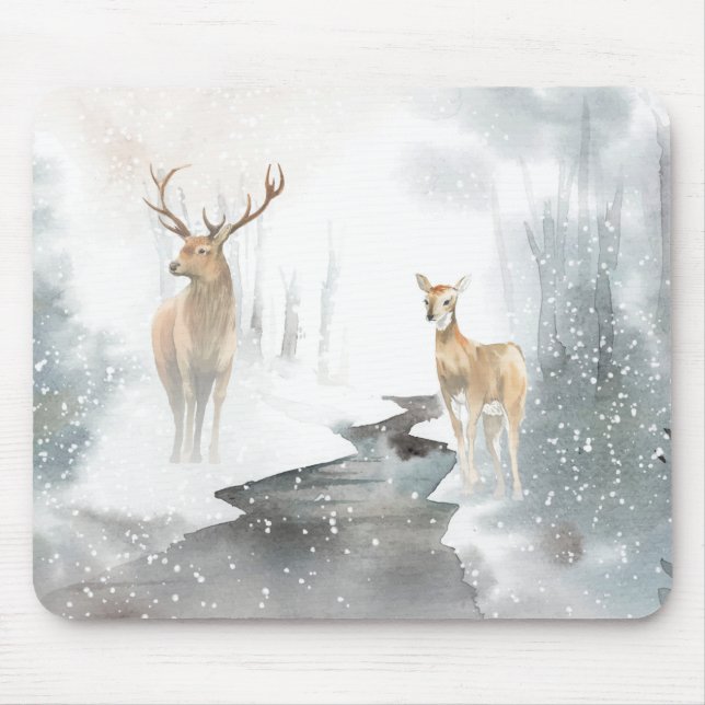 Watercolor Winter Deer Scene Mouse Mat (Front)
