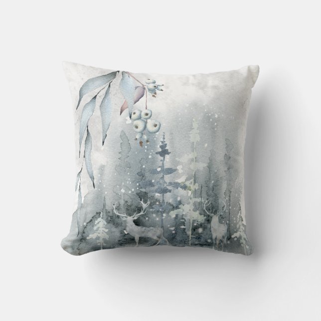 Watercolor Winter Deer Scene White Winter Berries Cushion (Front)