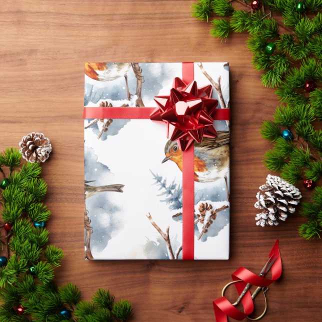 Watercolor Winter English Robin Bird Nature Wrapping Paper (Holiday Gift)