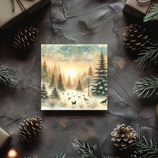 Watercolor Winter falling snow landscape Holiday Card