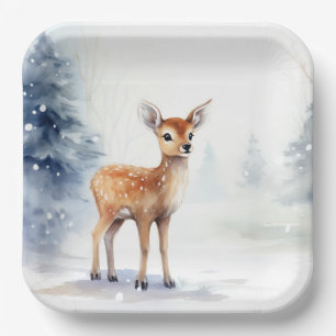 Watercolor Winter Fawn Paper Plate