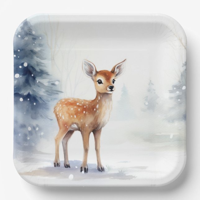Watercolor Winter Fawn Paper Plate (Front)