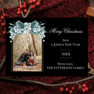 Watercolor Winter Floral Boho Arch Photo Black Holiday Card