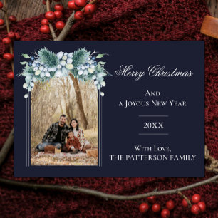 Watercolor Winter Floral Boho Arch Photo Blue Holiday Card