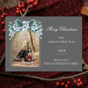 Watercolor Winter Floral Boho Arch Photo   Grey Holiday Card
