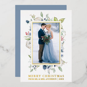 Watercolor Winter Floral Dusty Blue Newlywed Gold Foil Holiday Card