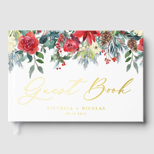 Watercolor Winter Floral Garland Photo Wedding Guest Book (Front)