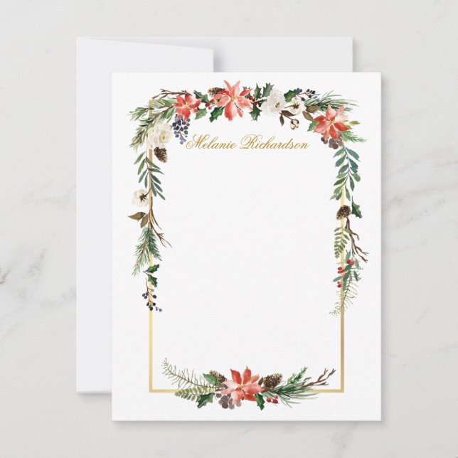 Watercolor Winter Floral Gold Personalised Card (Front)