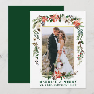 Watercolor Winter Floral Green Married and Merry Holiday Card