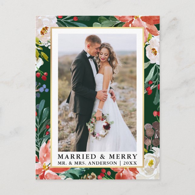 Watercolor Winter Floral Green Married and Merry Postcard (Front)