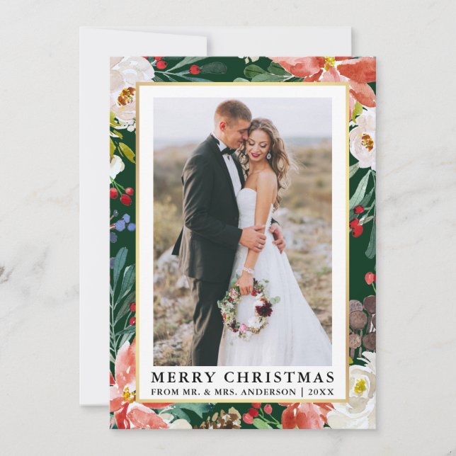 Watercolor Winter Floral Green Newlywed Christmas Holiday Card (Front)