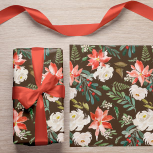 Watercolor Winter Floral Holly Berry Pattern Brown Wrapping Paper
