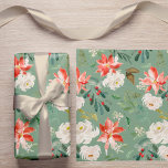 Watercolor Winter Floral Holly Berry Pattern green Wrapping Paper<br><div class="desc">Red terracotta big poinsettia flowers and white roses with winter seasonal hunter green foliage and holly leaves with red berries over a pastel sage green background making an elegant trendy modern Christmas gifts wrapping paper.        Suitable also for winter / December weddings and birthdays.</div>