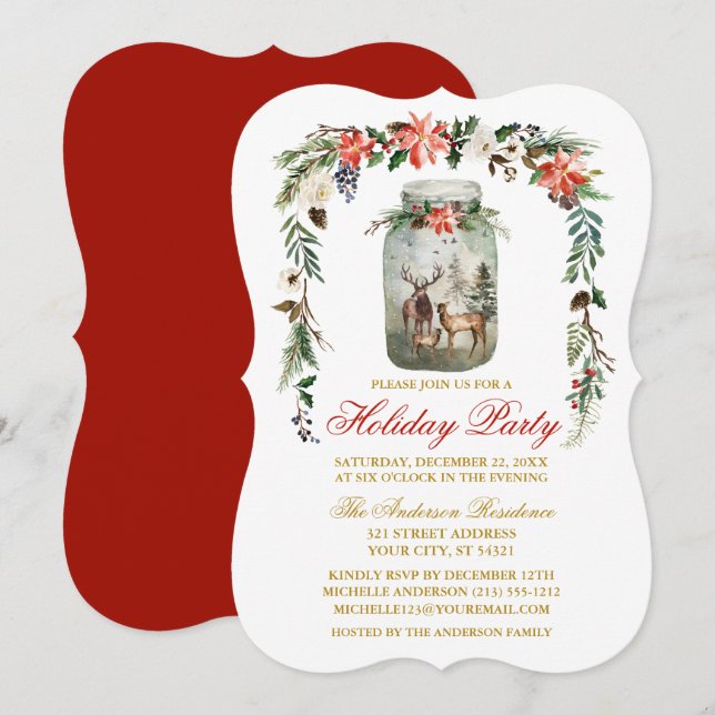 Watercolor Winter Floral Mason Jar Holiday Party Invitation (Front/Back)
