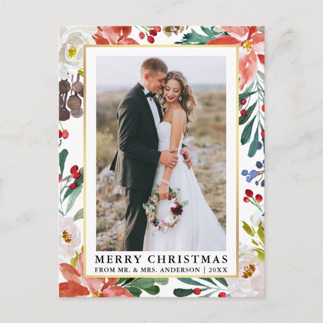 Watercolor Winter Floral Newlywed Christmas Postcard (Front)