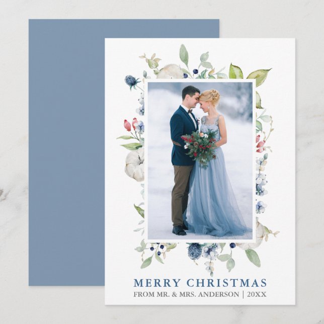 Watercolor Winter Floral Newlywed Dusty Blue Holiday Card (Front/Back)