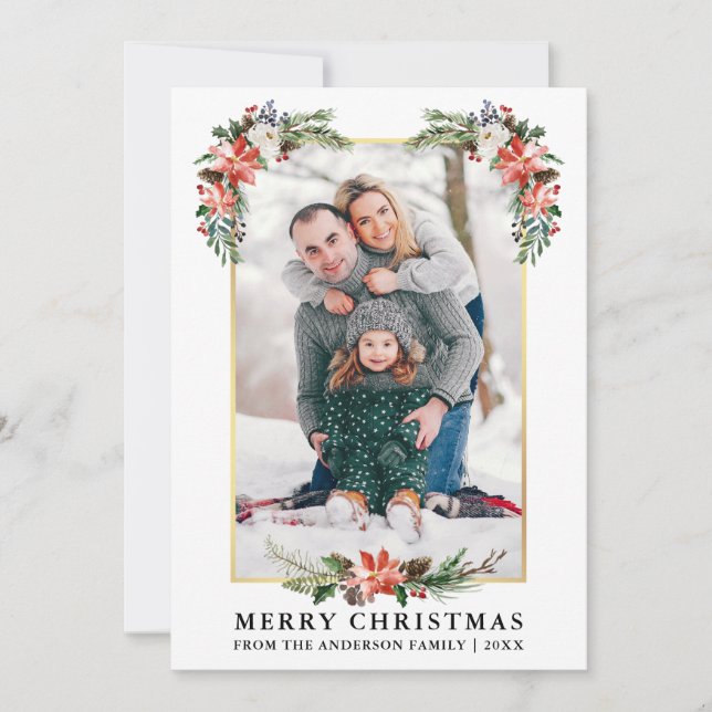 Watercolor Winter Floral Photo Gold Frame Holiday Card (Front)