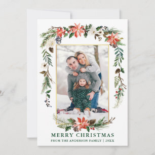 Watercolor Winter Floral Photo Gold Green Holiday Card
