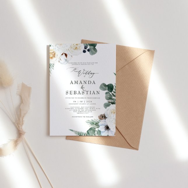 Watercolor Winter Floral White Rose Wedding Party Invitation (Creator Uploaded)
