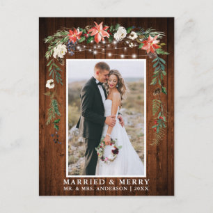 Watercolor Winter Floral Wood Married and Merry Postcard