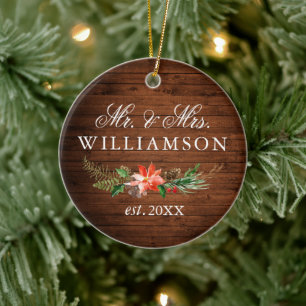 Watercolor Winter Floral Wood PHOTO BACK Ceramic Tree Decoration