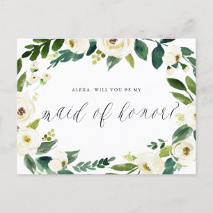 Watercolor Winter Floral Wreath Maid of Honour Announcement Postcard