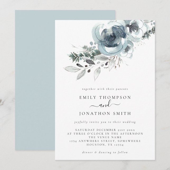 Watercolor Winter Florals Christmas Wedding Invitation (Front/Back)