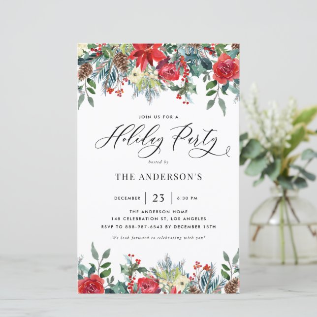 Watercolor Winter Flowers Holiday Party Invitation (Standing Front)