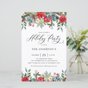 Watercolor Winter Flowers Holiday Party Invitation