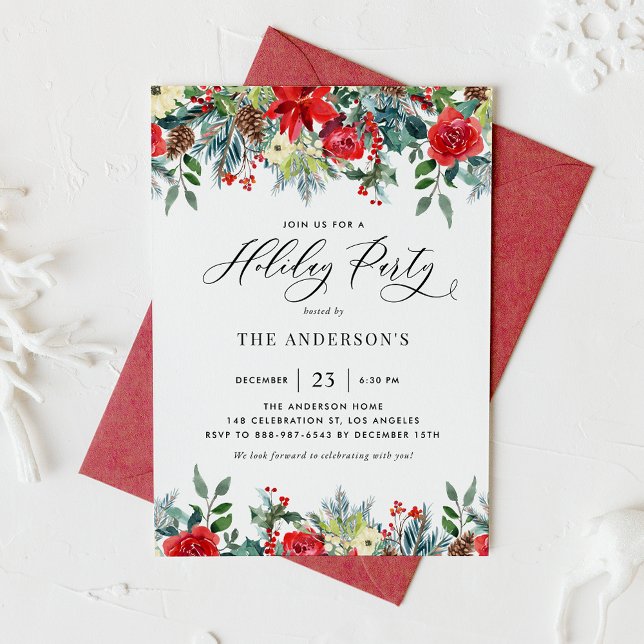 Watercolor Winter Flowers Holiday Party Invitation (Creator Uploaded)