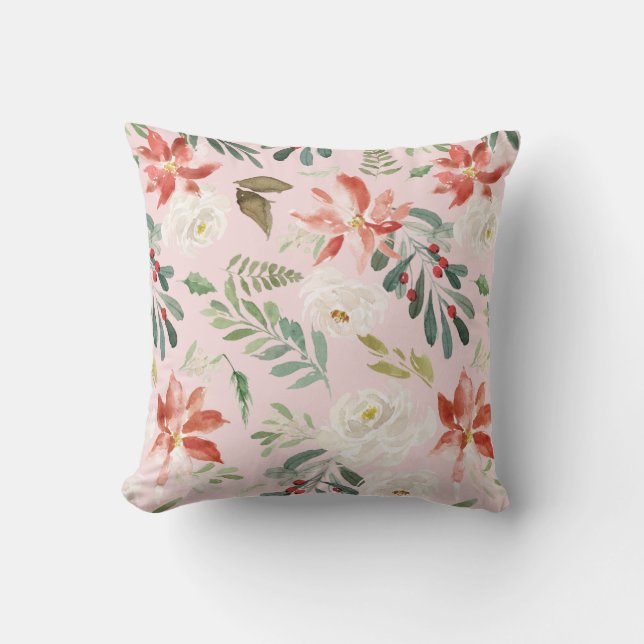 Watercolor Winter Flowers Holly Berries Patterned Cushion (Front)