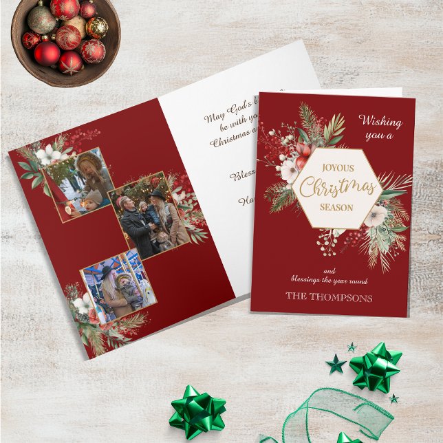 Watercolor Winter Flowers Red 3 Photos Christmas Card (Creator Uploaded)