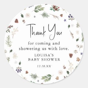 Watercolor Winter Foliage Baby Shower Thank You Classic Round Sticker