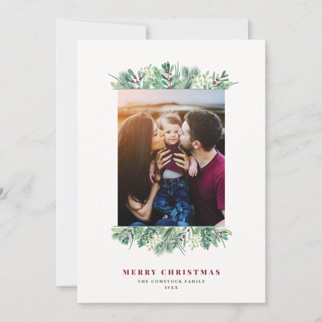 Watercolor Winter Foliage Christmas Family Letter Holiday Card (Front)