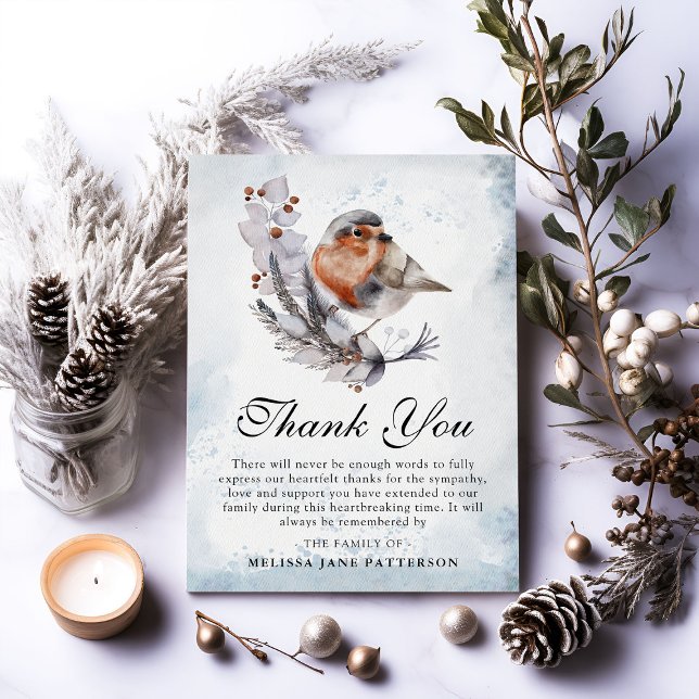 Watercolor Winter Foliage & Robin Funeral  Thank You Card (Creator Uploaded)