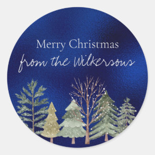 Watercolor Winter Forest at Night Simple Trees Classic Round Sticker