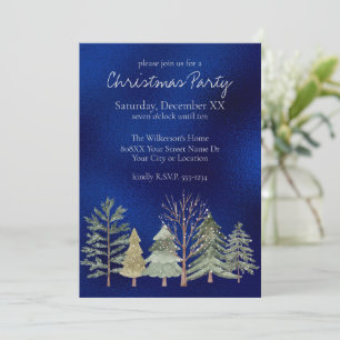 Watercolor Winter Forest at Night Trees on Blue Invitation