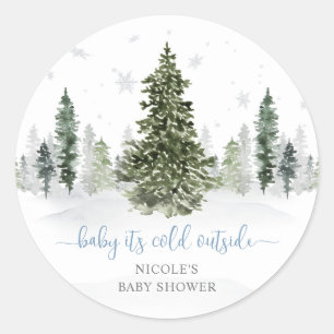 Watercolor Winter Forest Blue Baby Shower Classic Round Sticker