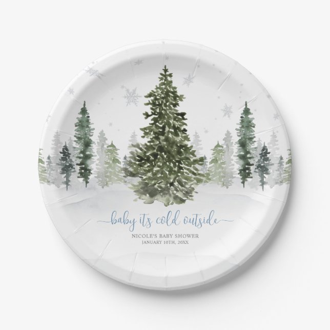 Watercolor Winter Forest Blue Baby Shower Paper Plate (Front)