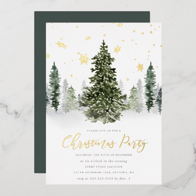 Watercolor Winter Forest Christmas Party Gold (Front/Back)